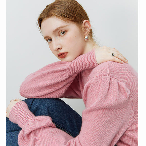 FSLE Women Pink Puff Sleeve Round Neck Sweaters 2022 Winter Office Lady Loose Casual Warm Pullovers 28.5% Women Wool Tops