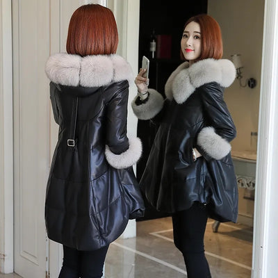 Women&#39;s PU Leather Jacket 2022 New Autumn Winter Women&#39;s Faux Fur COat Fur Collar Long Leather Coat Female Outerwear 4XL Y725