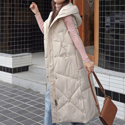 2021 New Women Autumn Winter Female Hooded Sleeveless Outwear Long Waistcoat Korean Loose Warm Thick Cotton Padded Vest Overcoat