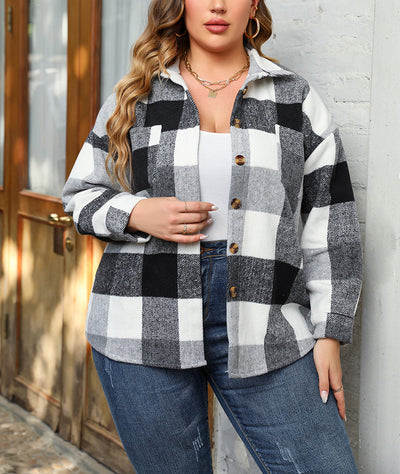 2022 Women Plus Size Fall Shirts Casual Plaid Coat Spring Casual Drop Shoulder Coat Single Breasted Patch with Pocket