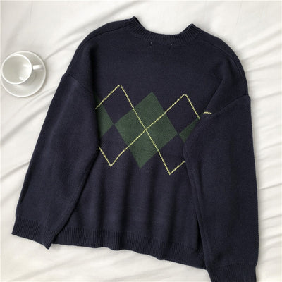 Korean College Style Winter Geometric Pattern Argyle Loose Pullovers Tops Woman Oversized O-Neck Knitted Sweaters Casual Jumper