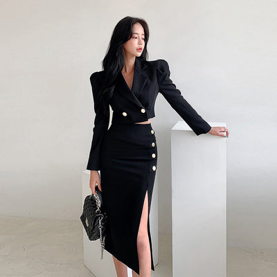 Fashion 2 Pieces Outfits Black Set Office Women Formal Kit Temperament Lady Sexy Short Crop Tops Coat Slit Midi Skirt Slim Suits
