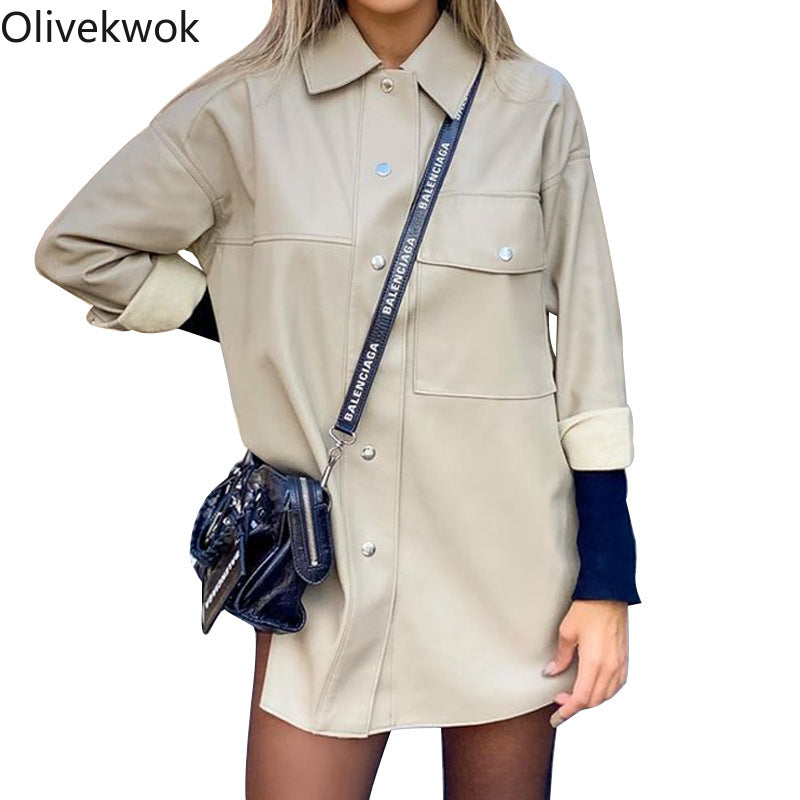 Olivekwok 2021 Autumn Woman Fashion Solid Turn-down Collar Single Breasted Long Sleeve Casual PU Pockets Womens Coat