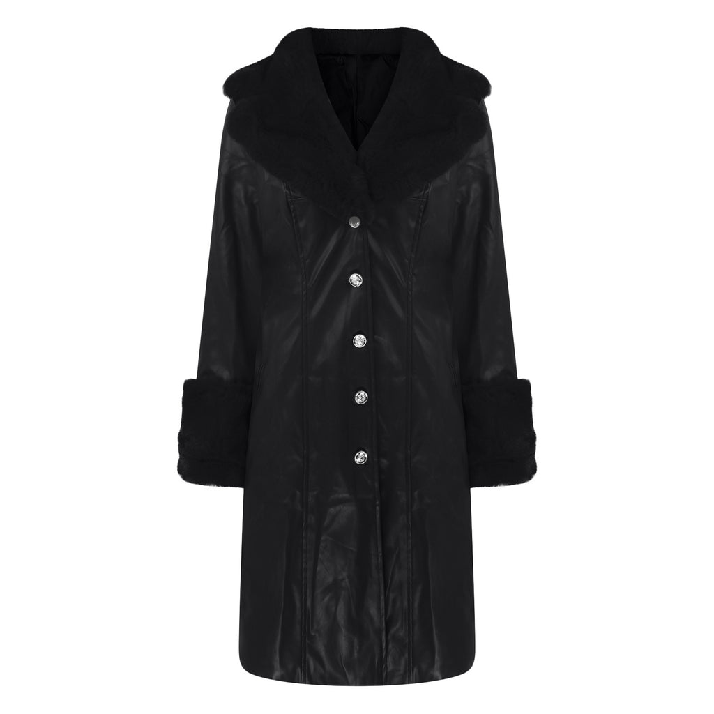 Wepbel Loose Autumn Long Sleeve Coats Outwear Solid Polo Collar Leather Trench Long Fur Collar Zipper Jacket PU Leather Coat