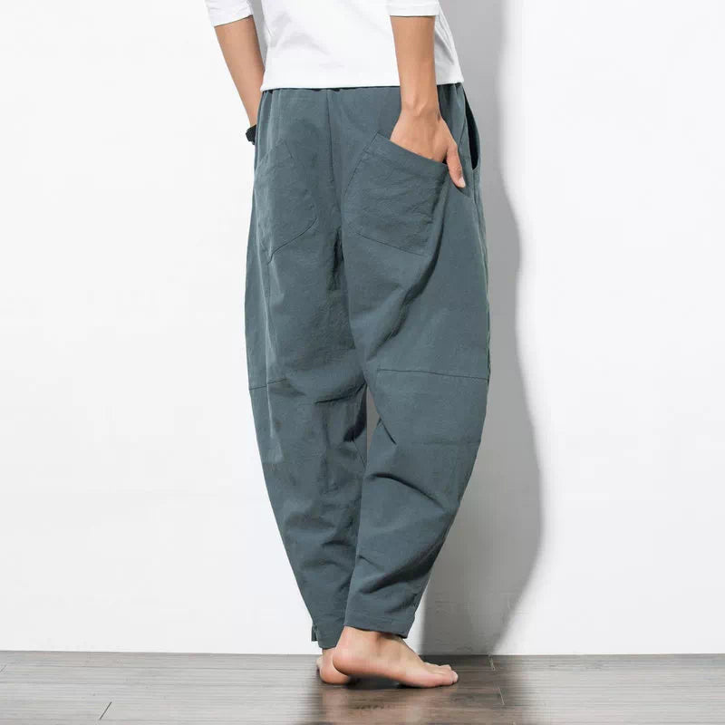 Male Casual Solid Color Pants Trousers Chinese Style Plus Size Sweatpants Pants New Men&#39;s Cotton Linen Loose Pants