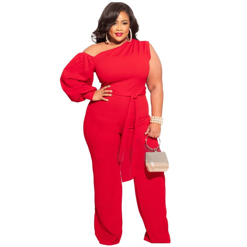 Elegant Sexy Plus Size Jumpsuits Straight Pants Solid Color lantern sleeve Women&#39;s Jumpsuit backless office outfits Autumn 2022