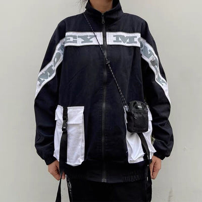 LACIBLE Patchwork Ribbons Multi Pockets Men Hooded Cargo Jackets Harajuku Streetwear Overcoats Casual Male Zipper Jacket Coats
