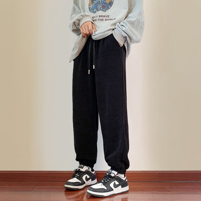 Man Casual Tie Leg Straight Pants Corduroy Solid Color Oversize Trousers Man Warm Korean Streetwear Pants