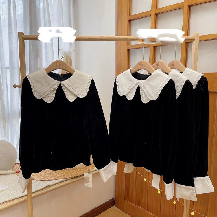 Vintage Lace Patchwork Blouse Women Black Velvet Long Sleeve Shirt 2022 Spring Autumn Casual Loose Tops Blusas Chemisier Femme