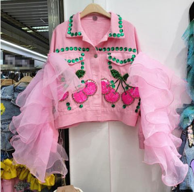 Heavy Sequins Beaded Gem Mesh Stitching White Denim Jacket Women Loose All-Match Short Denim Jacket 2022 New Spring Clothing