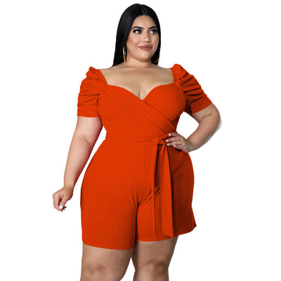 Casual Sexy Plus Size Jumpsuit for Women Belt black Bodycon V Neck Short Sleeve Playsuit Fashion evening Club Party Summer 2022