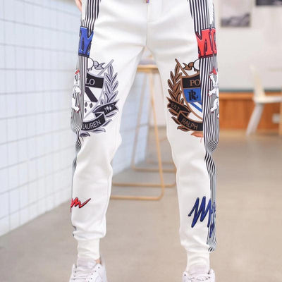 Summer White Ankle-Tied Sports Pants Thin Men&amp;#39;s Casual Trousers Korean Printed Slim Harem Pants Streetwear Jogging Pants Men