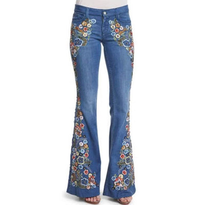 2021 Vintage Retro Floral Flared Denim Trousers for women Jeans Embroidered Slim Flare Pants Jeans Pantalon Femme