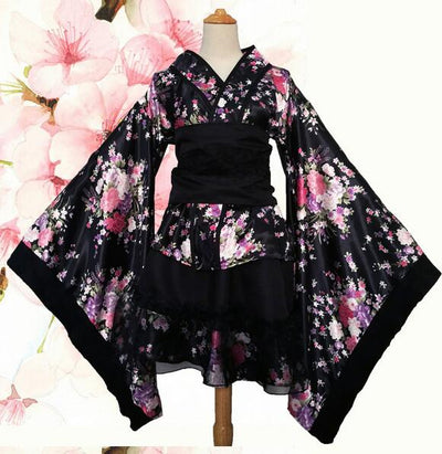 2017 Japanese Kimono Women Traditional Floral Mini Dress Bathrobe Ancient Clothes Party Lolita Maid Cosplay Costume