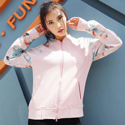 Women Casual Print Patchwork Long Sleeve Pink Loose Patchwork, Autumn/Spring Zip Jackets Sport Coat Regular