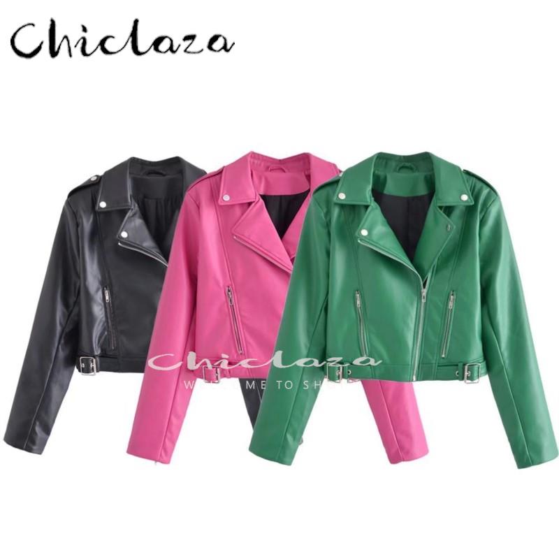 CHICLAZA Women 2022 Spring Autumn Fashion Vintage Green Faux Leather Jacket Casual Zipper Black Biker Coat Female Short Outwear
