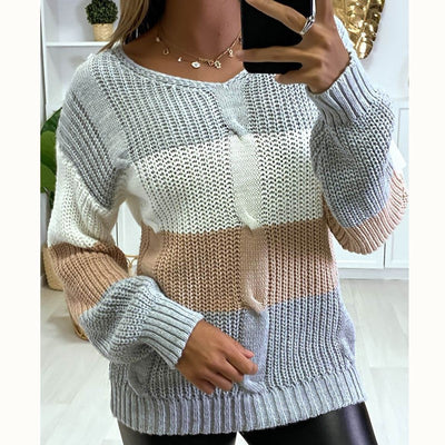 Women patchwork contrast color knitted sweater Autumn winter loose long sleeve v neck pullover Yellow green 2021 casual jersey