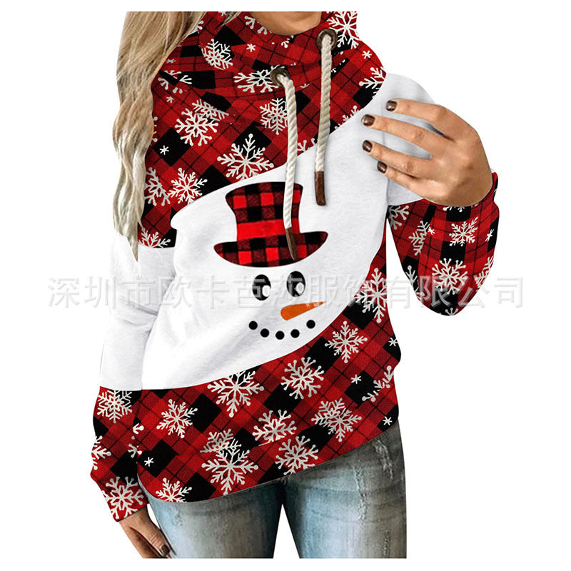 European and American Autumn and Winter Women&#39;s Clothes Christmas Loose Print Contrast Fleece Hooded Casual Sweater for Women
