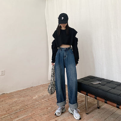21Autumn And Winter New Women&#39;s Waist Adjustable Wide-Leg Jeans High Waist Loose Straight Dad Draping Mop Denim Trousers Fashion