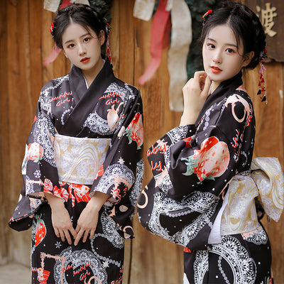 Kimono Dress Traditional Japanese Style Yukata Floral Print Girl Cherry Blossoms Fancy Cosplay Costume Robe Bathrobe Kimono