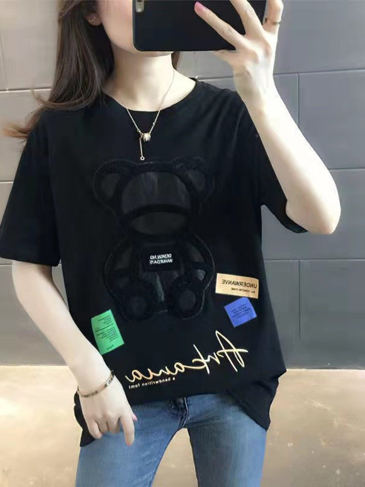 Ader Summer New Trendy Brand Towel Embroidered Bear Loose Casual Unisex Short-sleeved Heavy Industrial Design Feminist Shirt