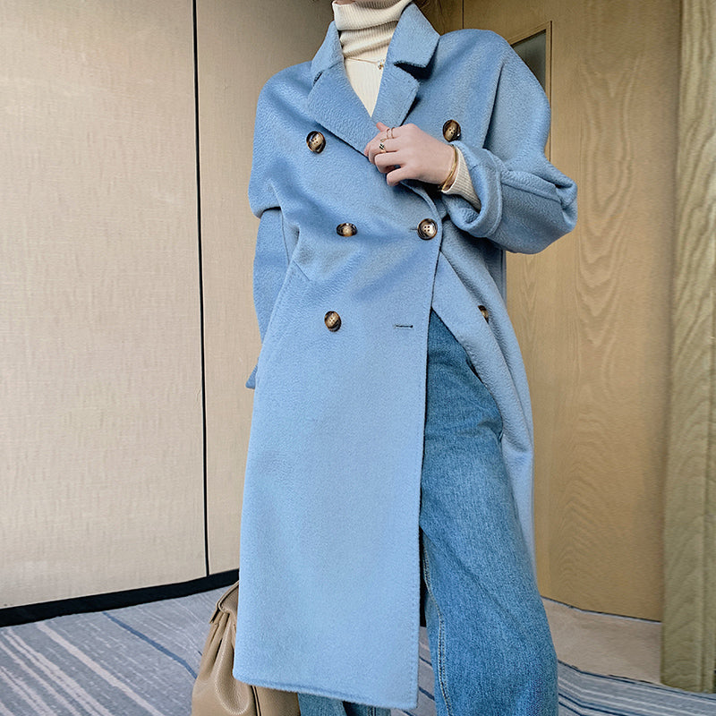 Suit Collar Long Sleeve Double Breasted Mid-Length Double-sided Cashmere Women&#39;s Coat Jacket Pure Wool Woolen Water Ripple