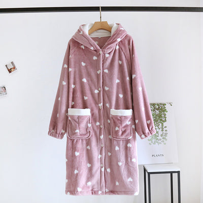 Autumn Winter Female Robe Thicken Flannel Hooded Bathrobe Sleepwear with Pocket Cute Print Sweet Heart Home Dress Lounge Wear