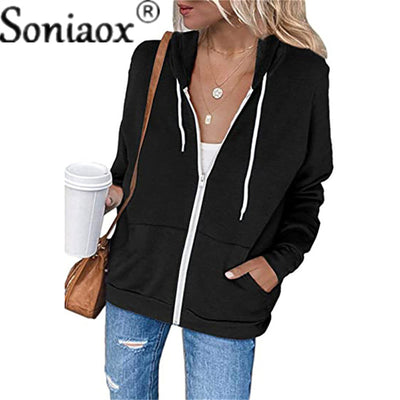 Ladies Autumn Hoodie Zipper Jacket Women's Casual Loose Sports Long Sleeve Drawstring Pocket Jacket Cardigan Street Tops Coat