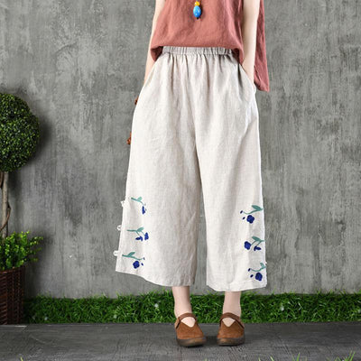 2021 New Arrival Summer Women Casual Loose Ankle-length Pants Elastic Waist Floral Embroidery Cotton Linen Wide Leg Pants P97