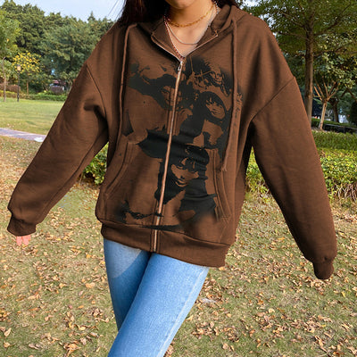 Y2K Harajuku Sweatshirt Zip Up Hoodies 90s Vintage Brown Long Sleeve Coat Top Women Autumn Streetwear E-girl Gothic Clothes