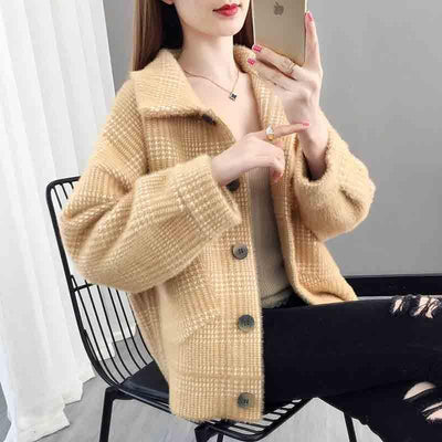 2021 Women Autumn Imitation Mink Coat 2021 New Korean Loose Short Cashmere Coat Lady Knitted Cardigan Sweater Female Tops Y789
