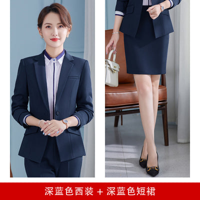 Long Sleeve Autumn and Winter One Button Women&#39;s plus Size Pure Blue Suit Skirt Suit Skirt Suit Two-Piece Suit Work Uniforms