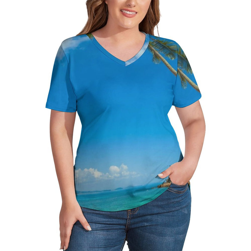 Hawaii Beach T-Shirt Palm Tree Pirnt Cute V Neck T Shirts Short Sleeve Classic Tee Shirt Summer Trendy Tees Plus Size 3XL 4XL