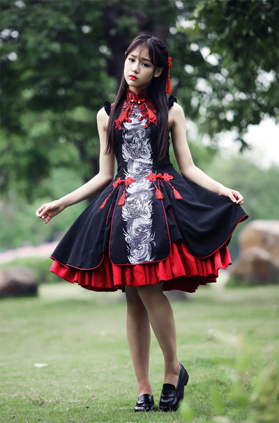 Qinglong White Tiger Lolita Chinese Women's Dress Cotton Short Sleeve Sweet Dress Adult Costume Cosplay Carnival Lotus Leaf Lace