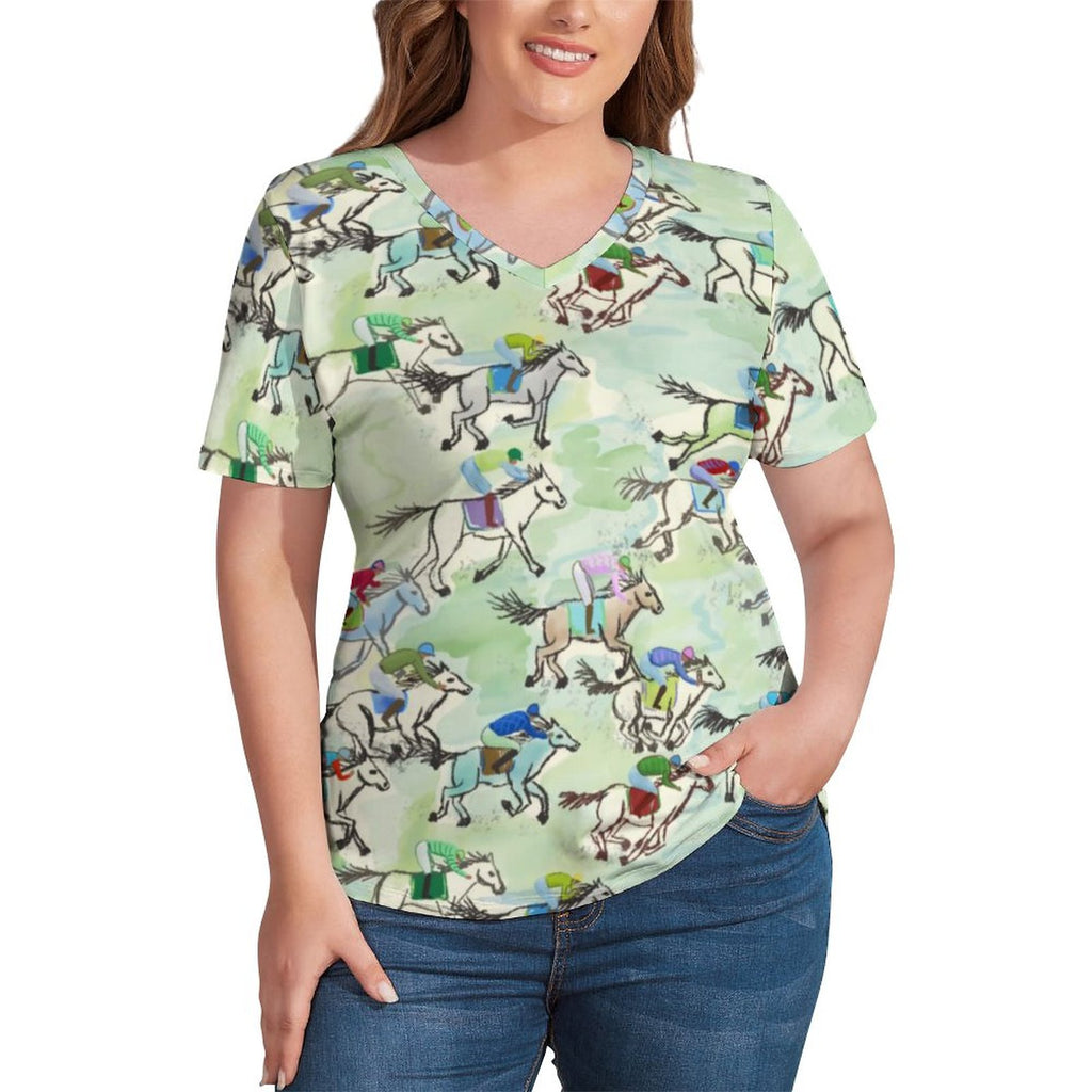 Prancing Horse T Shirts Sunset Rainbow Print V Neck Simple T-Shirt Short Sleeve Ladies Hip Hop Tshirt Graphic Tops Plus Size 4XL