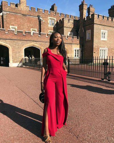 AHVIT One Shoulder Sleeveless Streetwear Fashion Jumpsuits High Side Split Sexy Wide Leg Pant Red Color High Waist Romper LM9035