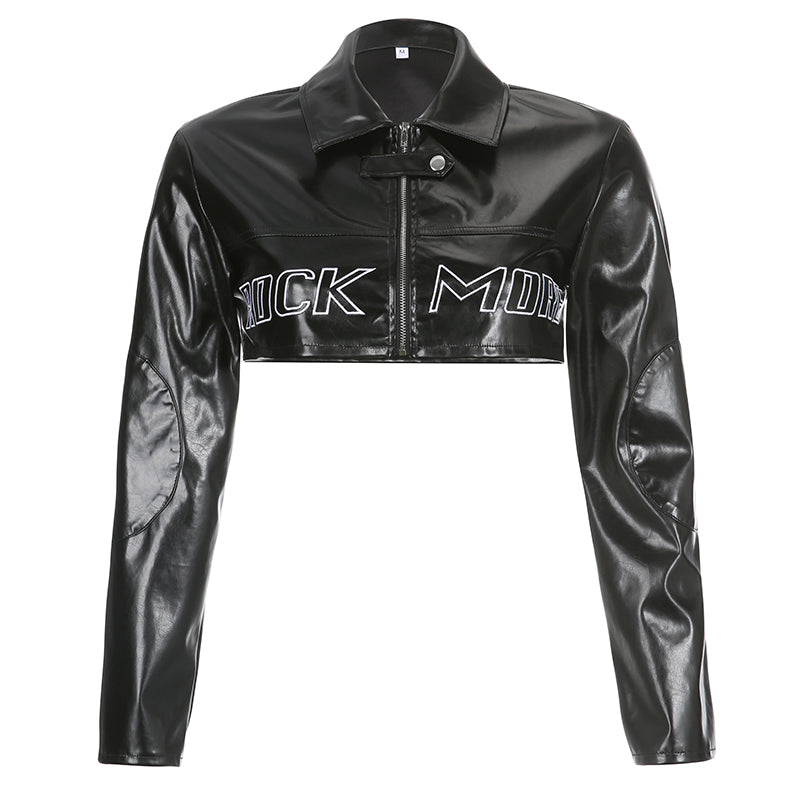 SUCHCUTE Moto&amp;Biker Letter Print Women Outwear Leather PU Long Sleeve Zipper Jacket Goth Dark Streetwear Lapel Motorcycle Suit