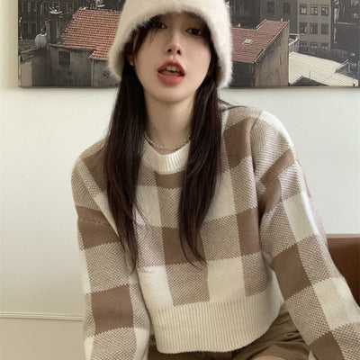 Cropped Pullovers Women Panelled Plaid Loose New Simple Sweater Fashion Korean Style Soft Spring Ins Knitted Girlish Retro Femme