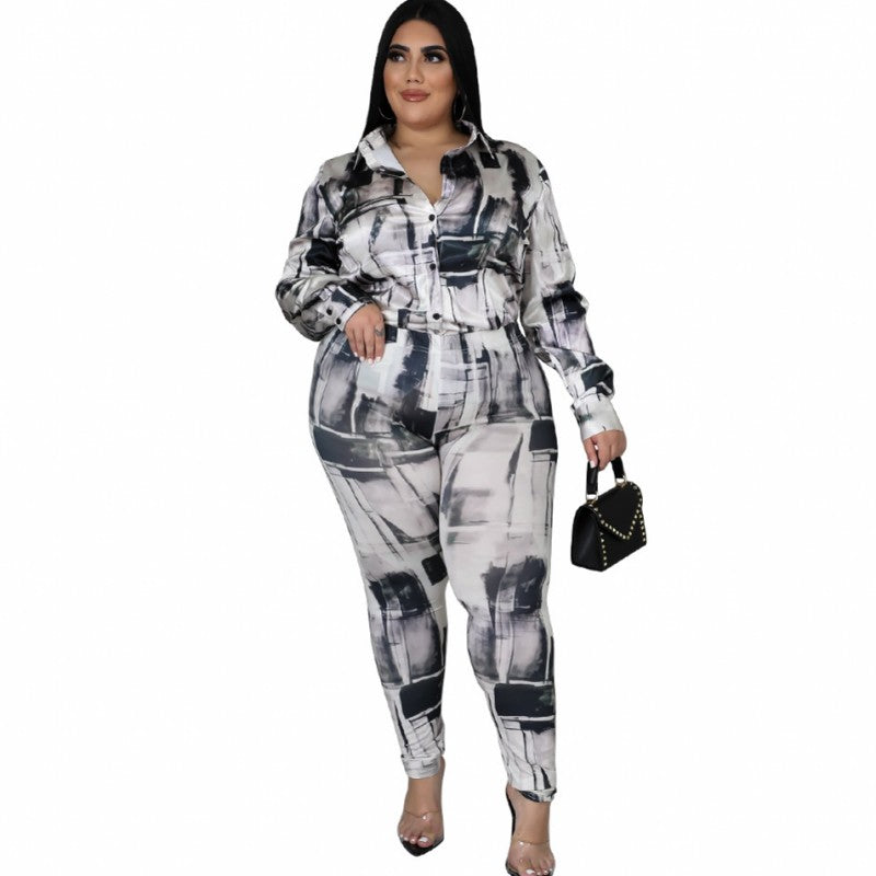5XL Plus Size Women Sets Full Sleeve Turn Down Collar Shirt Tops Outfits 2021 Autumn New Fashion Print Large Size  Pant Suits