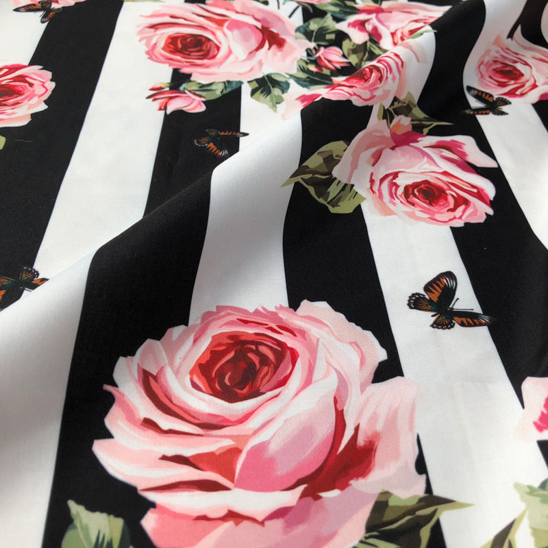 European and American catwalk models flower children's black stripes rose pattern digital printing fabrics senior printing cloth