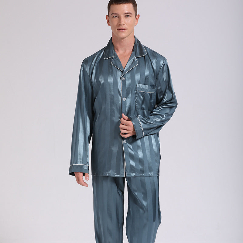 Lisacmvpnel European Size Men&#39;s Spring Long Sleeved Pajama Set Ice Silk Pajamas Set Striped Pattern Casual Sleepwear