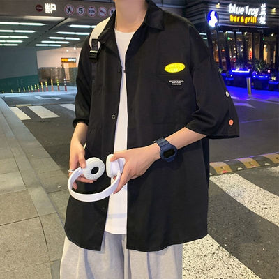 Couple Outfits Summer Thin Breasted Short Sleeved Korean Shirt Men's Casual Loose And Versatile Fashion 5-sleeve Black White