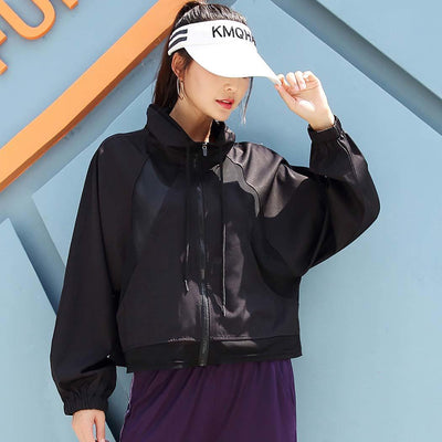 Women Casual Mesh Patchwork Long Sleeve Zip Stand Collar Loose Regular Jackets Autumn/Spring Sport Coat