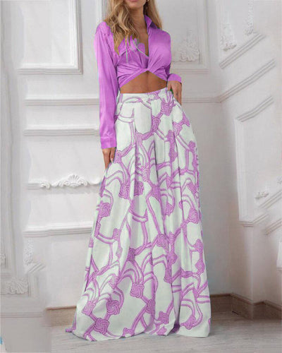 2 Piece Women's New Printed Casual Suit Lapel Sexy Lace Up Shirt High Waist Wide Leg Pants Two Piece Women's Club Suit