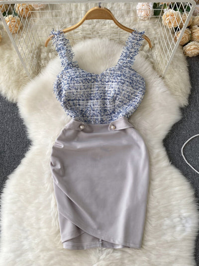 Foamlina Tweed Patchwork Tassles Strap Mini Bodycon Dress Women Summer Fashion Padded V-neck Sleeveless Slim Club Party Dresses