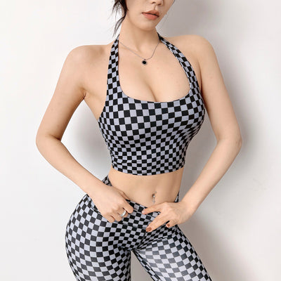 Women's checkerboard hanging neck sports underwear fitness beauty back shockproof vest yoga bra running gather breathable bra
