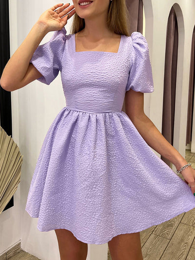 2022 New French Style Square Collar Party Dress Sexy Backless Tie-Up Elegant Dress Women Fashion Puff Sleeve Jacquard Mini Dress