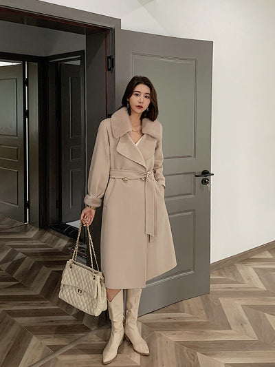 High-Quality Real Double Faced Wool Coat for Women Winter Genuine  Cuffs Big Pockets Long Outwear Wholesale