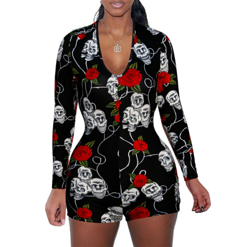 women sexy short playsuit black purple blue print long sleeve rompers 2021 new female elastic skinny sexy party bodysuits