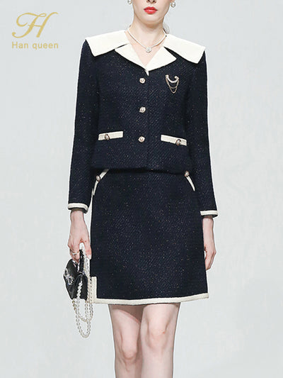 H Han Queen Women 2022 Autumn Winter Casual Duffel 2 Pieces Set Contrast Tops + High Waist Pencil Skirt Korean Simple Skirt Suit